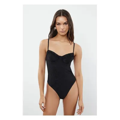 Trendyol Black V-Neck Tie-Up Regular Swimsuit