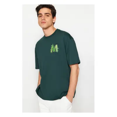 Trendyol Emerald Green Oversize/Wide Cut Short Sleeve Text Printed 100% Cotton T-Shirt