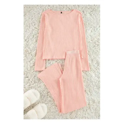 Trendyol Powder Slogan Elastic Detailed Ribbed Knitted Pajama Set