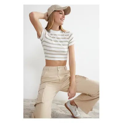 Trendyol Premium Stone Ecru Striped Viscous/Soft Fabric Crop Crew Neck Stretchy Knitted Blouse