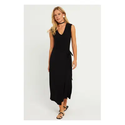 Cool & Sexy Women's Black Waist Tied Wrap Midi Dress