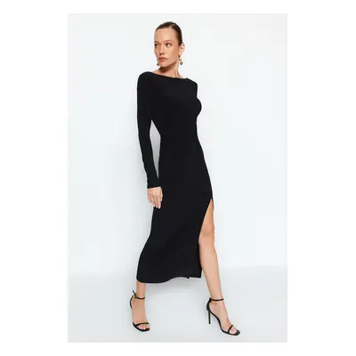 Trendyol Black Boat Neck Backless Slit Fitted Maxi Flexible Knitted Dress