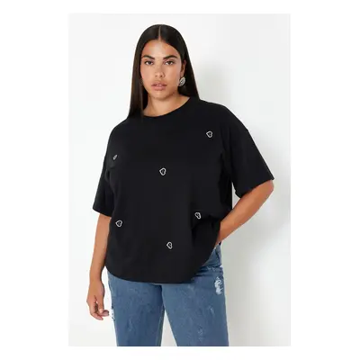 Trendyol Curve Black Heart Accessory Detailed Oversize 100% Cotton Knitted T-shirt