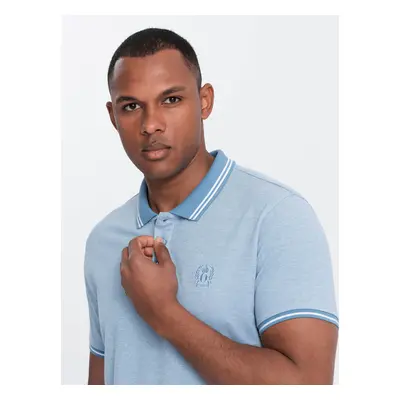 Ombre Men's melange polo shirt with striped collar - blue melange