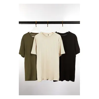 Trendyol Black-Stone-Khaki Large Size 3-Pack Regular Cut 100% Cotton T-Shirt