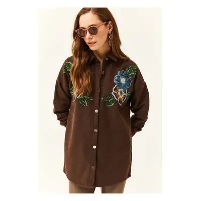 Olalook Women's Floral Dark Brown Stamp Detail Oversize Stamp Shirt