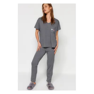 Trendyol Grey Pocket Printed Wide Pattern Tshirt-Pants Knitted Pajama Set