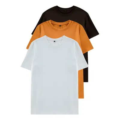 Trendyol Dark Brown-Orange-Ecru Slim/Slim Cut Crew Neck 100% Cotton 3-Pack T-Shirt