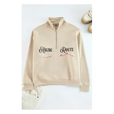 Trendyol Beige Oversize/Wide Cut Text Embroidered Polar Fleece Inside Stand Collar Zippered Swea