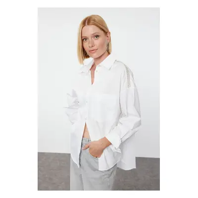 Trendyol White Oversize / Wide Fit Woven Shirt with Stone Detail on Shoulders