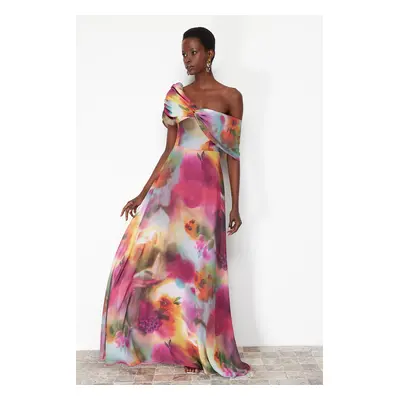 Trendyol Multicolored A-Line Lined Asymmetrical Neck Woven Chiffon Long Elegant Evening Dress