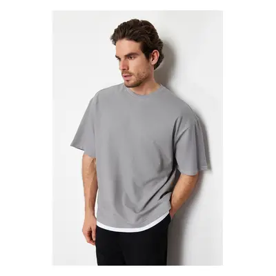 Trendyol Gray Oversize Textured 100% Cotton T-Shirt with Piece Detail