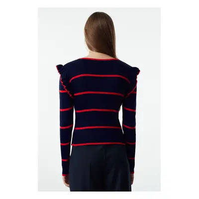 Trendyol Navy Blue Shoulder Flounce Striped Knitwear Sweater