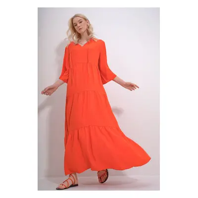 Trend Alaçatı Stili Women's Orange V-Neck Front Lace-Up Layered Flounced Woven Viscose Dress