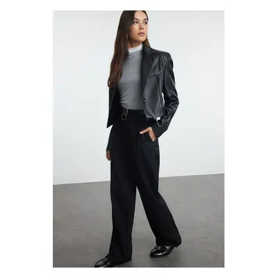 Trendyol Black Double Belted Straight Cut Woven Fabric Trousers