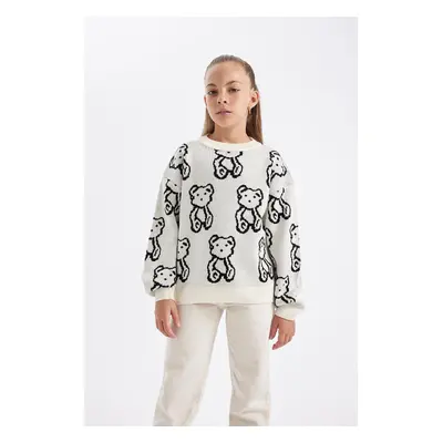 DEFACTO Girl Oversize Wide Pattern Crew Neck Teddy Bear Patterned Knitwear Sweater