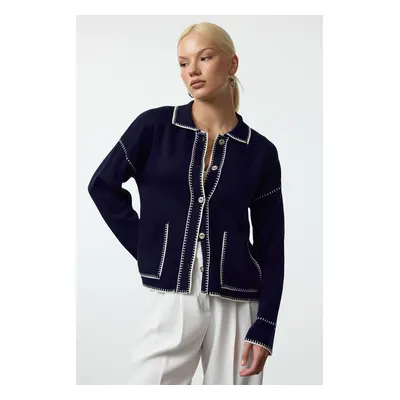 Trendyol Navy Blue Color Block Polo Neck Knitted Cardigan