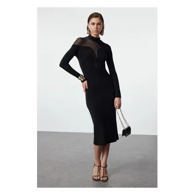 Trendyol Black Body-Sit Collar Detailed Knitted Elegant Evening Dress