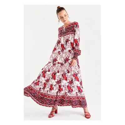 Bigdart Women's Red Sleeve Gathered Robe Floral Pattern Dress