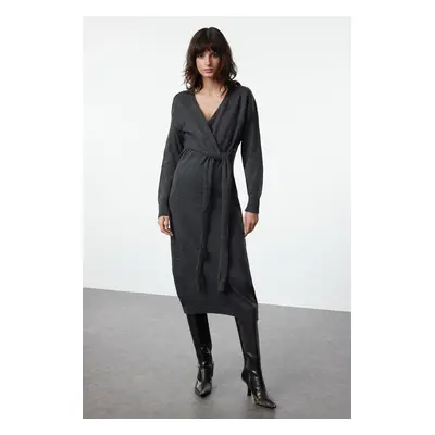 Trendyol Anthracite Soft Texture Midi Knit Double Breasted Collar Tie Dress