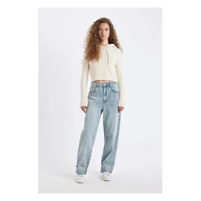 DEFACTO Baggy Fit High Waist Folded Leg Ankle Length Jean Washed Trousers