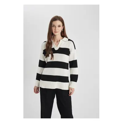 DEFACTO Regular Fit Polo Collar Striped Knitwear Sweater Tunic