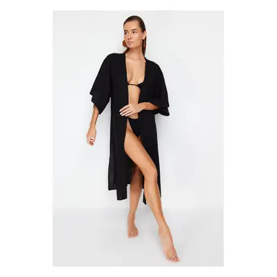 Trendyol černé maxi kimono a kaftan s páskem z tkaného lnu