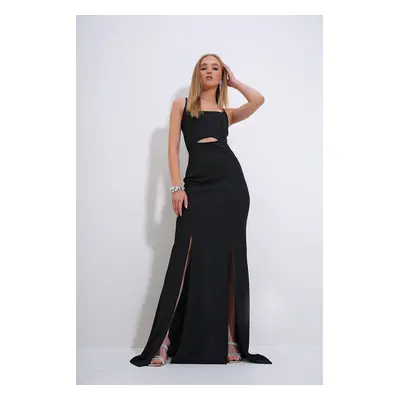 Trend Alaçatı Stili Women's Black Adjustable Strap Out Cut Slit Graduation Dress