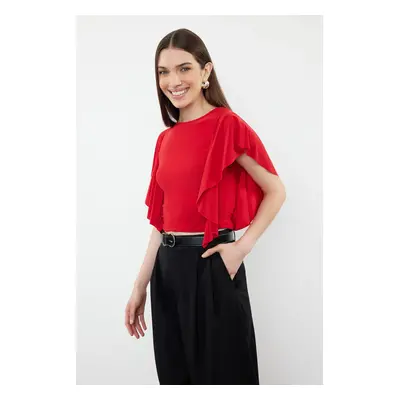 Trendyol Red Sleeves Ruffle Detailed Crew Neck Stretchy Knitted Blouse