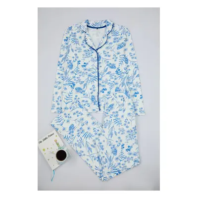 Trendyol Blue 100% Cotton Floral Piping Detailed Knitted Pajamas Set