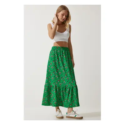 Happiness İstanbul Women's Green Floral Flounce Viscose Skirt