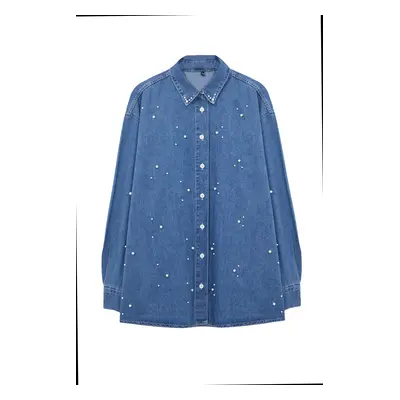 Trendyol Blue Pearl Jewelled Denim Shirt