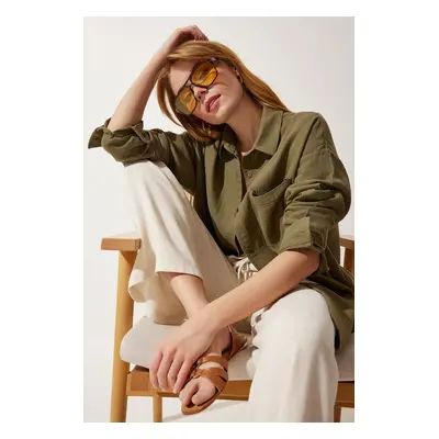 Happiness İstanbul Women's Khaki Pocket Oversize Muslin Shirt