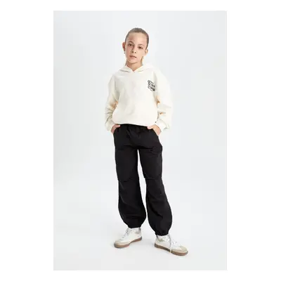 DEFACTO Girls Cotton Black Parachute Trousers with Elastic Waist and Leg Pockets