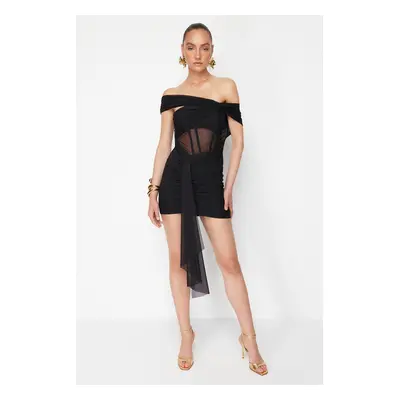 Trendyol X Zeynep Tosun Black Knitted Tulle Detailed Elegant Evening Dress