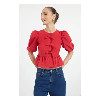 Trendyol Red Balloon Sleeve Woven Shirt with Tie Detail