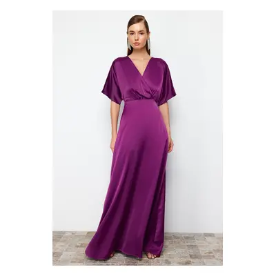 Trendyol Plum A-Cut Woven Satin Long Elegant Evening Dress