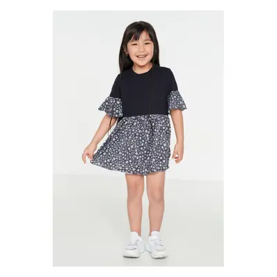 Trendyol Navy Blue Girl's Floral Patterned Cotton Knitted T-Shirt