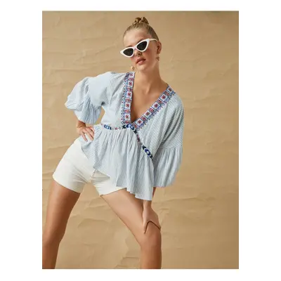 Koton Embroidery Detailed Blouse V-Neck with Balloon Sleeves