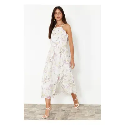 Trendyol Ecru Floral Print A-line Ruffle Detail Chiffon lining Maxi Woven Dress