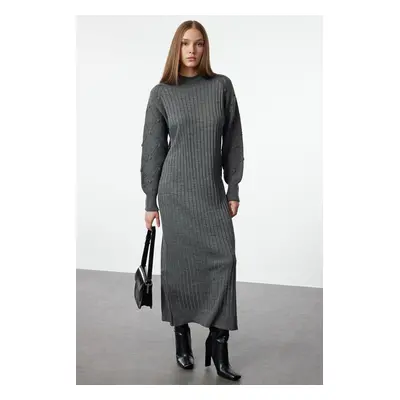 Trendyol Anthracite Sleeved Openwork Ribbed Knitted Dress