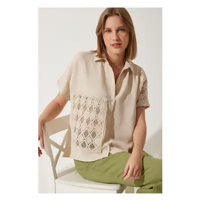 Happiness İstanbul Women's Cream Crochet Lace Detailed Linen Shirt