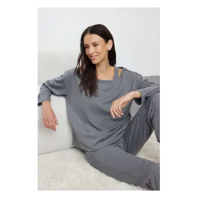 Trendyol Gray Melange 3-Piece Cotton Knitted Pajama Set