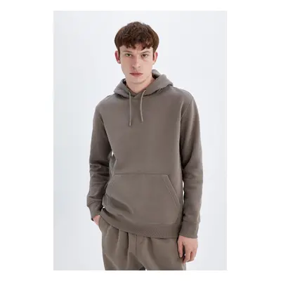 DEFACTO Brown Pocket Regular Fit Hooded Soft Furry Basic Plain Sweatshirt