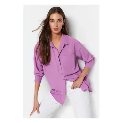 Trendyol Dark Rose Single Pocket Boyfriend/Wide Fit Cotton Woven Shirt