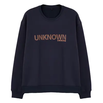 Trendyol Navy Blue Oversize/Wide Cut Text Printed Crew Neck Sweatshirt with Fleece Inside