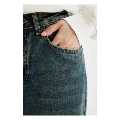 DEFACTO Straight Wide High Waist Long Jean Washed Trousers