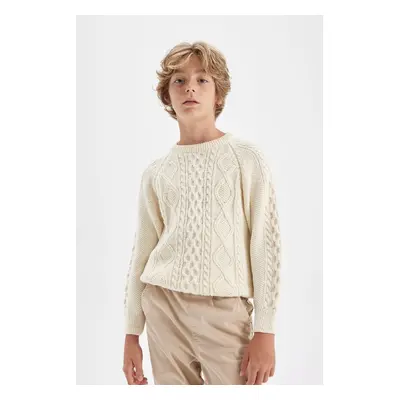 DEFACTO Boy's Ecru Crew Neck Knitted Patterned Knitwear Sweater