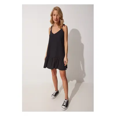 Happiness İstanbul Women's Black Tied Straps Summer Knitted Dress