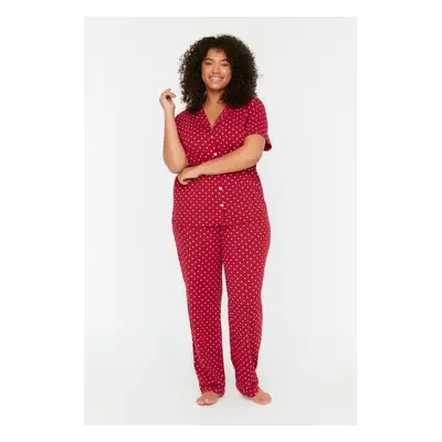 Trendyol Curve Claret Red Polka Dot Patterned Shirt Collar Knitted Pajama Set